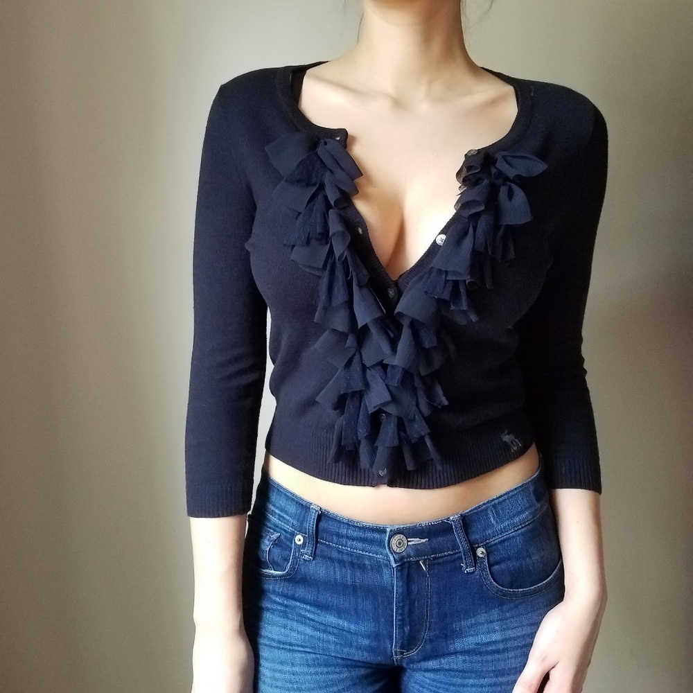 NWOT Navy Cardigan w/ Lace Fringe Detail - Picture 4 of 6